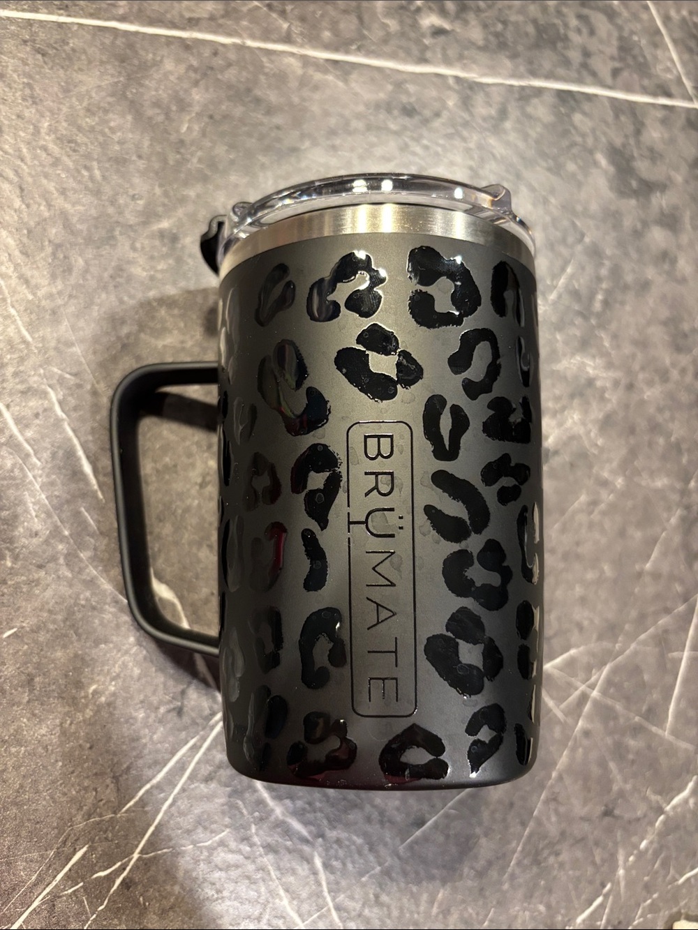 BrüMate Leopard Print Black Travel Mug with Handle